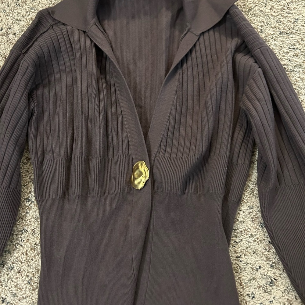 Commense Ribbed Collared Metal Button Cardigan - Picture 3 of 4